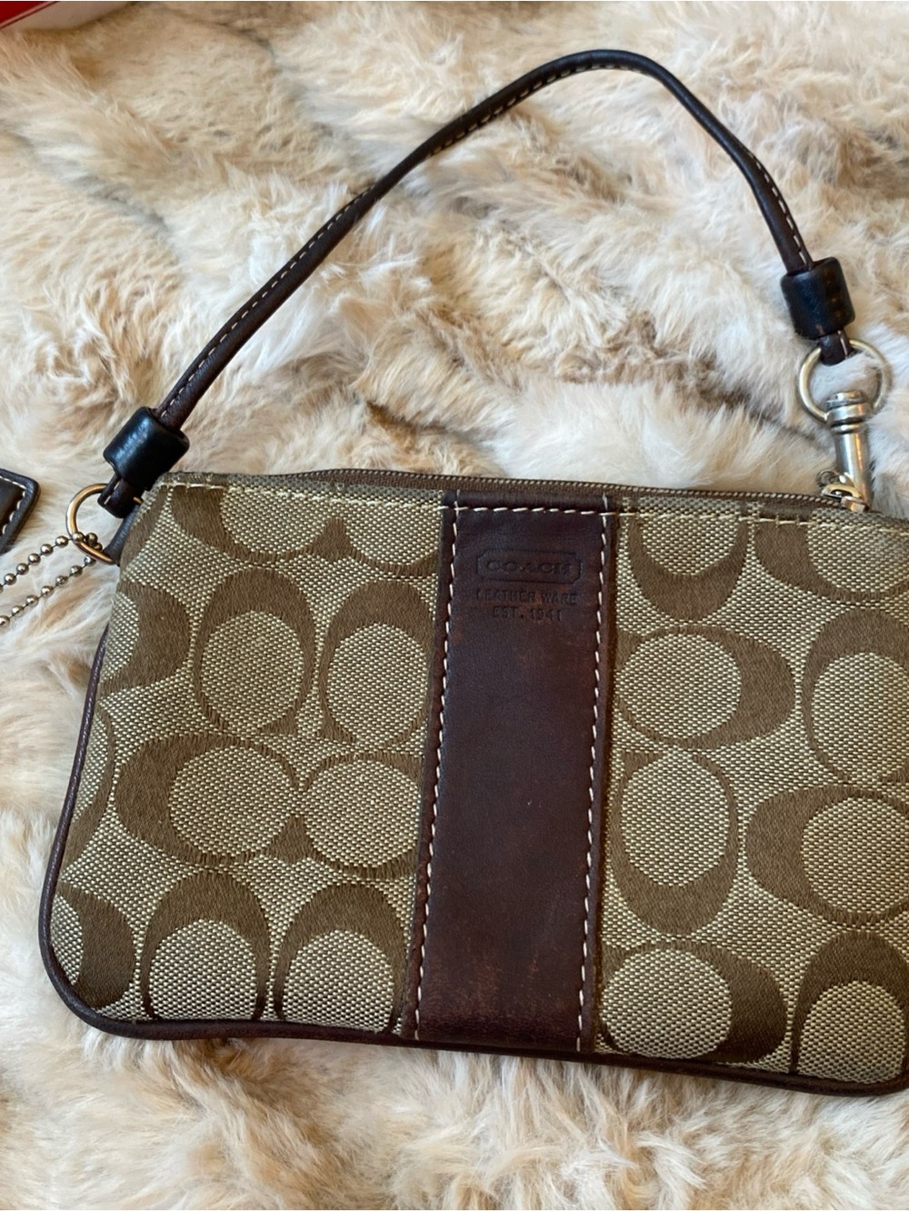 Coach Tan and Brown Signature Canvas Wristlet